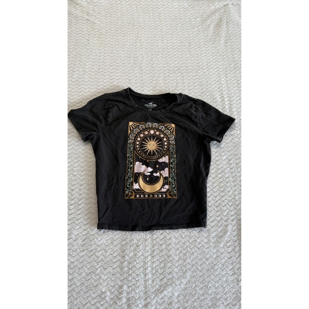 Hollister Womens Black Celestial Sun Moon Graphic Tee Shirt Small Art Nouveau